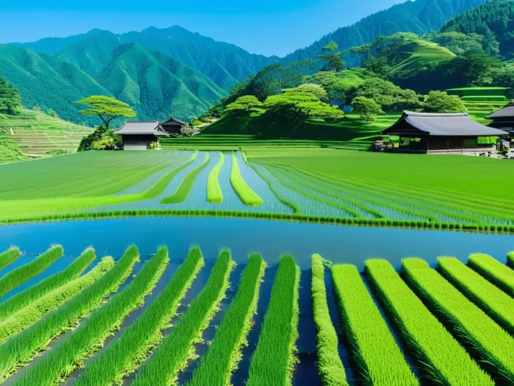 Armonía serena entre agricultura y naturaleza en campo de arroz japonés