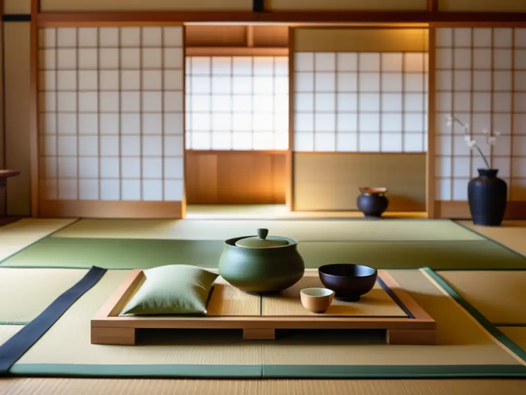 Una armoniosa ceremonia del té japonesa en una sala de tatami, con una anfitriona vistiendo kimono, preparando matcha con atención meticulosa