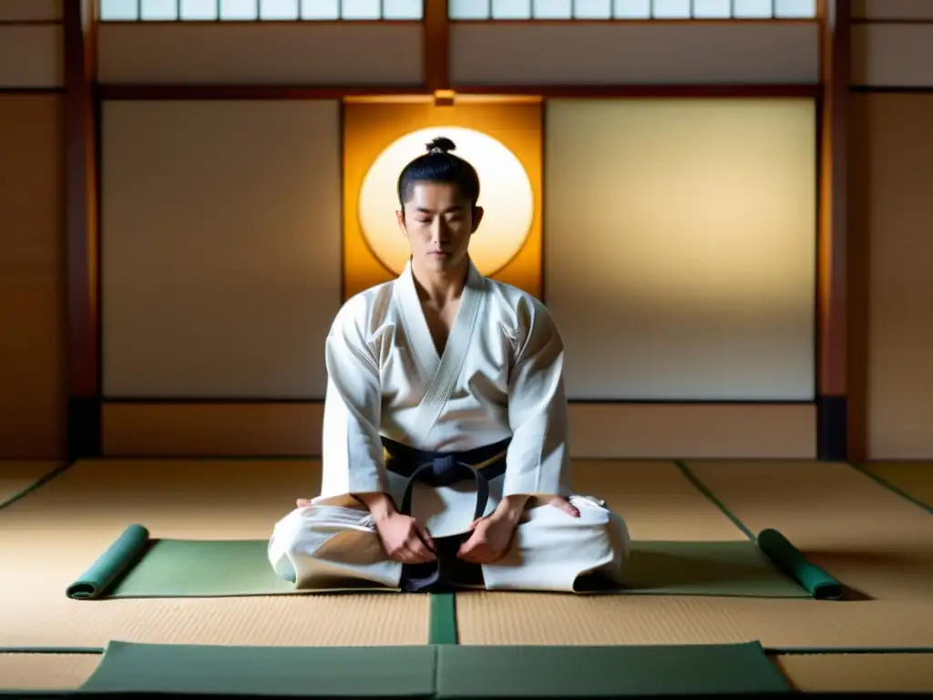 Armoniosa fusión Budo y meditación en dojo japonés con artista marcial y luz cálida