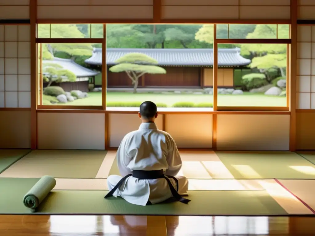 Práctica armoniosa de Shorinji Kempo en dojo sereno con filosofía Zen y tranquilidad en jardín