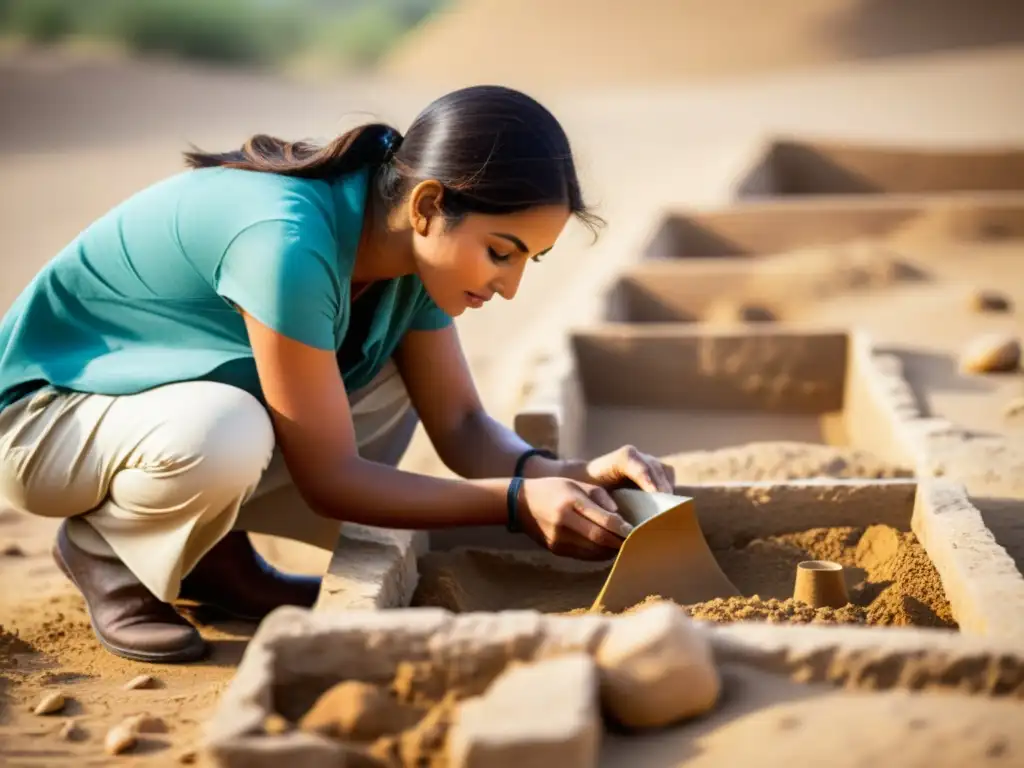 Arqueólogo excavando artefacto antiguo en Valle Indo, revelando historia y detalle