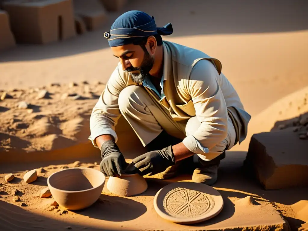 Arqueólogo excavando artefacto en ruinas del Valle Indo, con detalles y patrones culturales revelados en la suave luz matutina