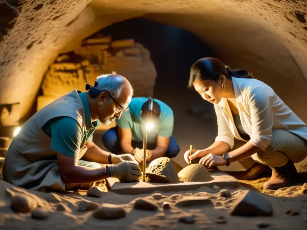 Arqueólogos recuperando con cuidado antigüedades asiáticas en excavación iluminada por lámparas frontales, destacando detalles delicados