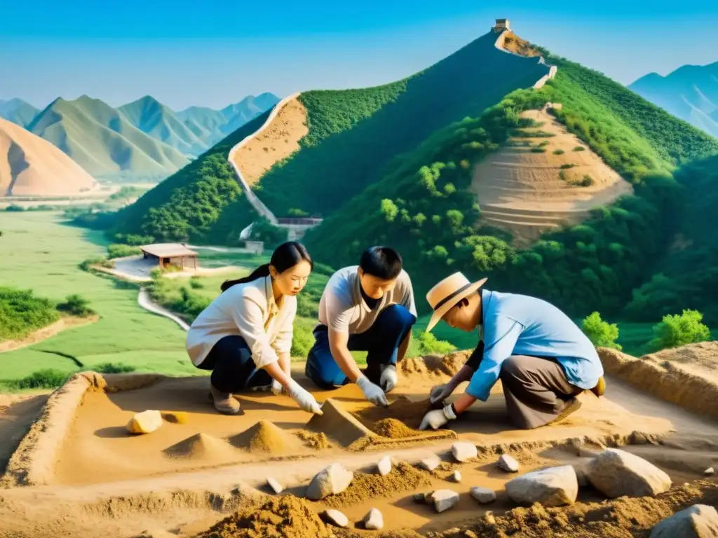 Arqueólogos descifrando oráculos de hueso Shang en China, con cuidado y dedicación en un sitio de excavación con colinas y cielo azul claro