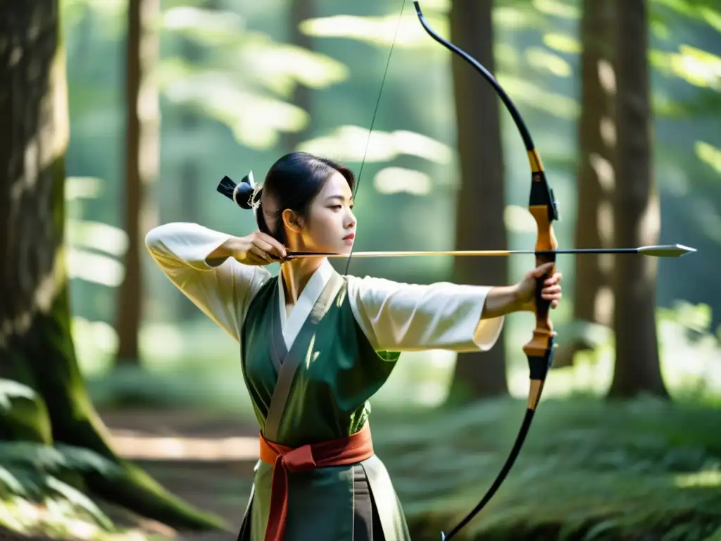 Un arquero de kyudo en un bosque sereno, concentrado y en armonía con la naturaleza