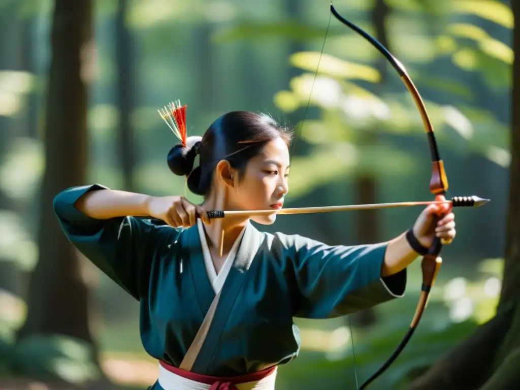 Un arquero de kyudo en un bosque tranquilo, mostrando la precisión y la calma propias de la Filosofía del Kyudo Japonesa