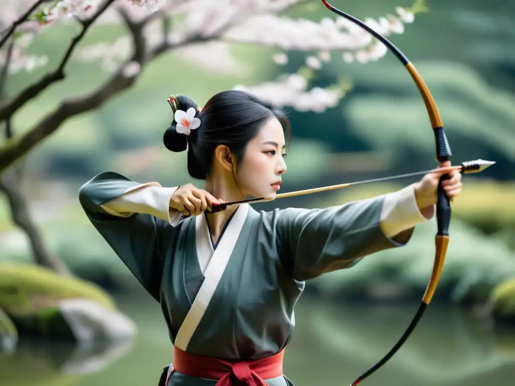 Un arquero de kyudo concentrado, vistiendo atuendo tradicional japonés, perfecciona su técnica con destreza en un sereno jardín japonés en flor