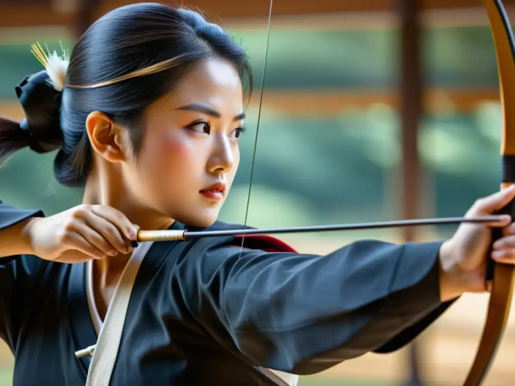 Un arquero de Kyudo, concentrado y elegante, dibuja el arco con precisión en un dojo tradicional, capturando la filosofía del Kyudo japonés