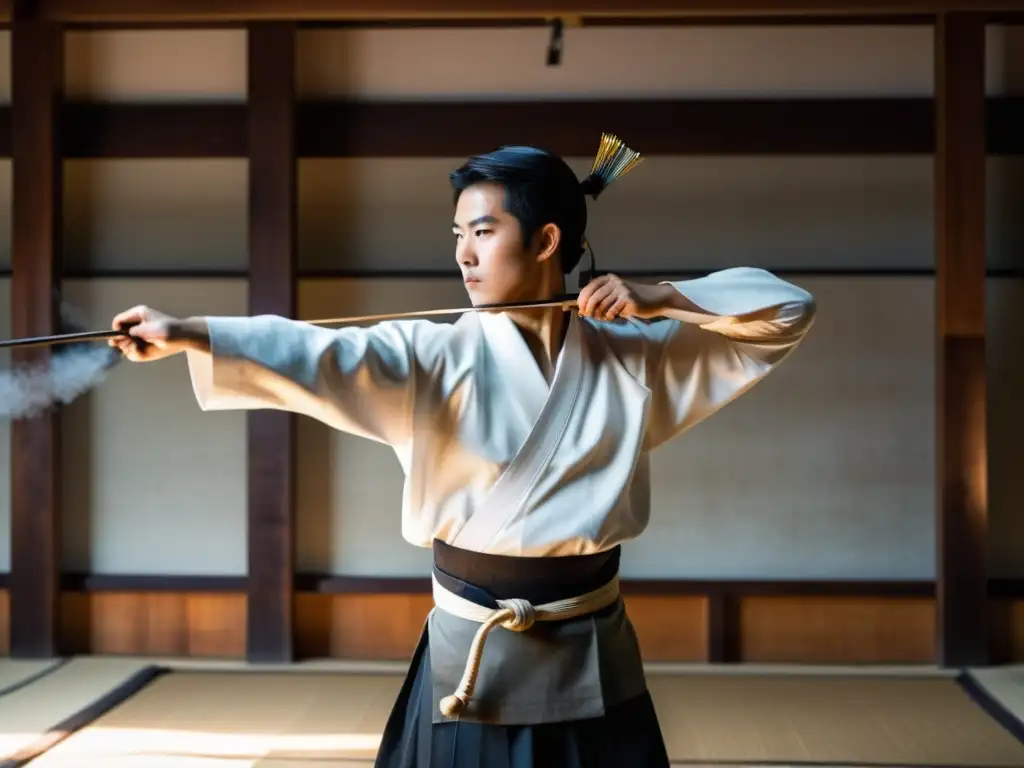 Un arquero de kyudo en un dojo japonés, vistiendo kimono y hakama blancos, concentrado y poderoso