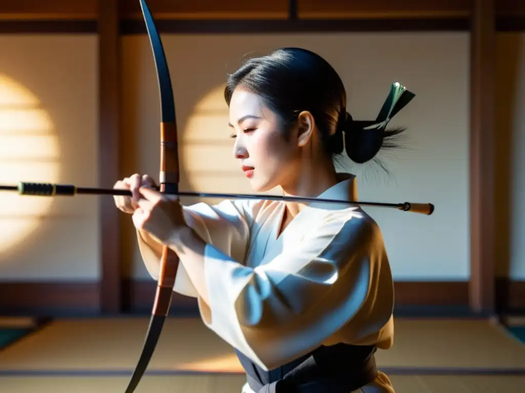 Un arquero de kyudo en un dojo, vistiendo kimono blanco y hakama, concentra su precisión y fuerza al jalar el yumi