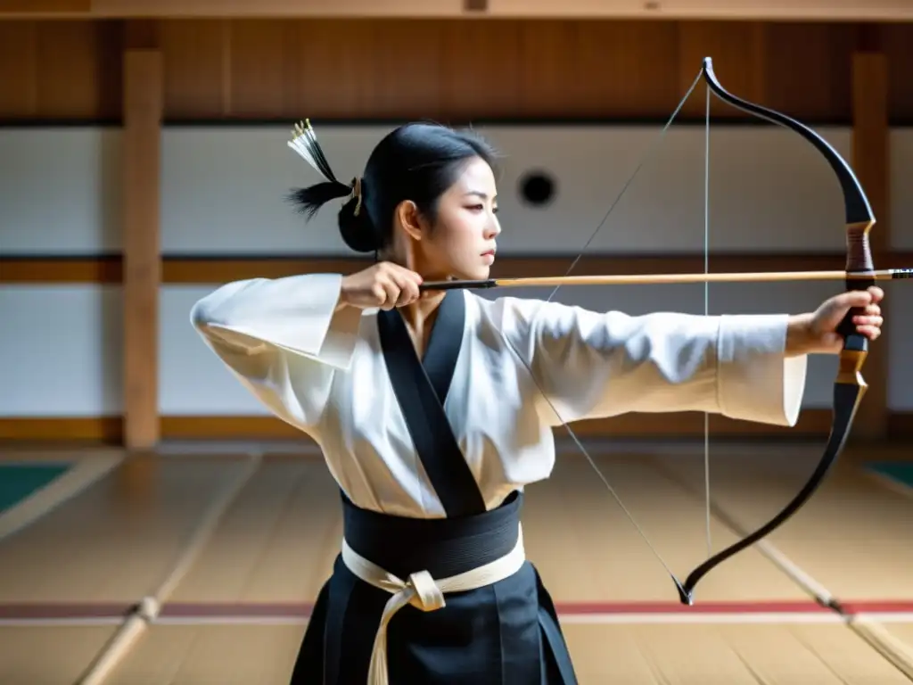 Un arquero de kyudo en un dojo tradicional japonés, vistiendo kimono blanco y hakama negro, concentra su precisión en el lanzamiento del arco y flecha