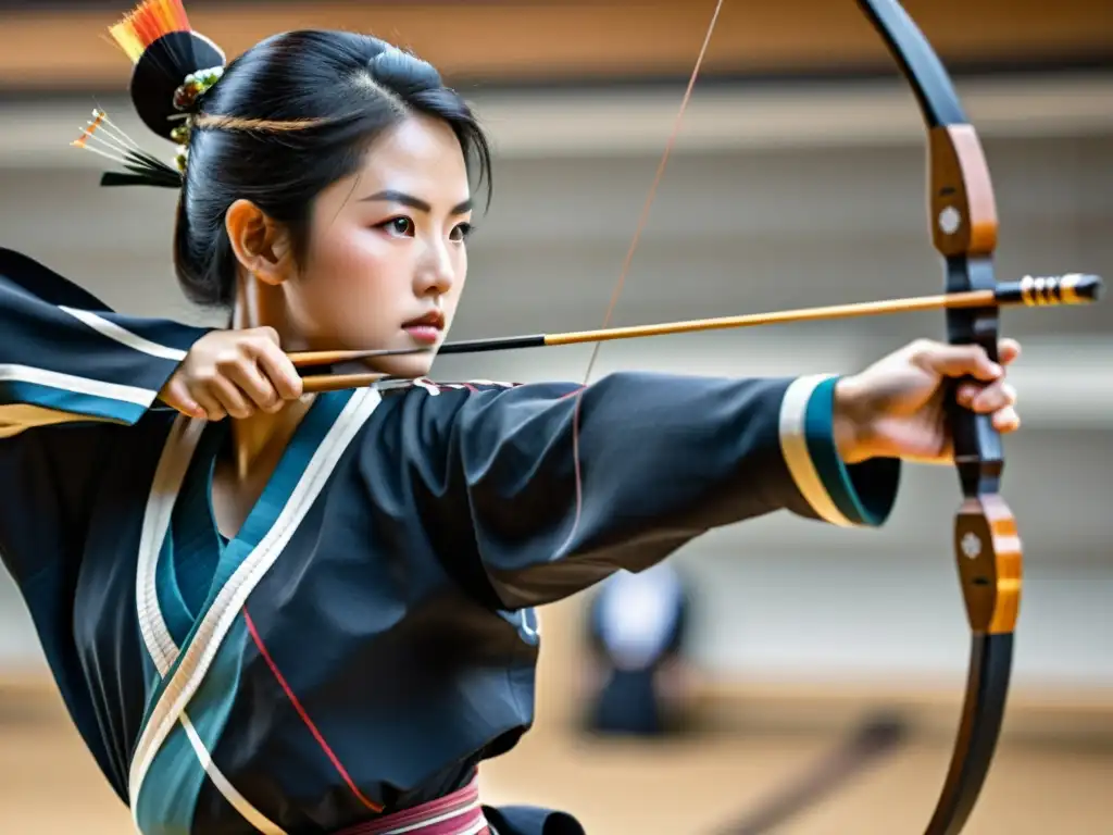 Un arquero de kyudo japonés muestra concentración y perfección en un dojo sereno