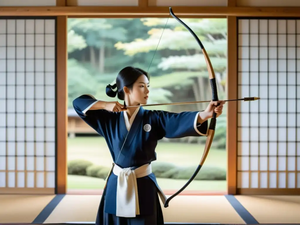 Un arquero de kyudo japonés, vistiendo elegantes prendas blancas y azules, concentra su precisión al tensar un largo yumi en un dojo sereno