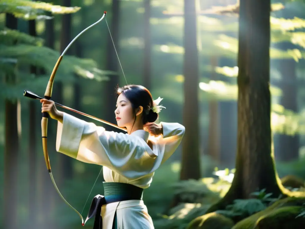 Arquero de kyudo japonés en kimono blanco, en bosque sereno con luz solar filtrada, encarnando la filosofía del Kyudo japonés