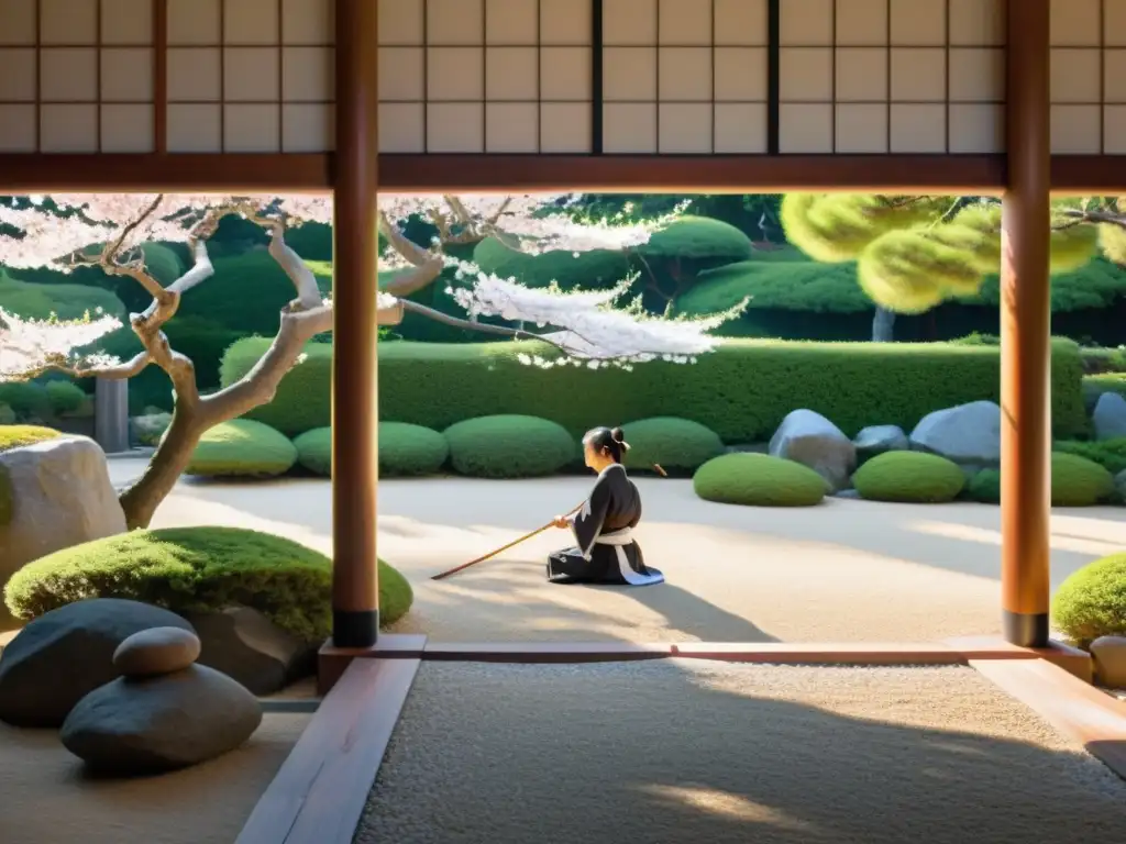 Un arquero practica Kyudo en un jardín Zen tranquilo, con grava y rocas