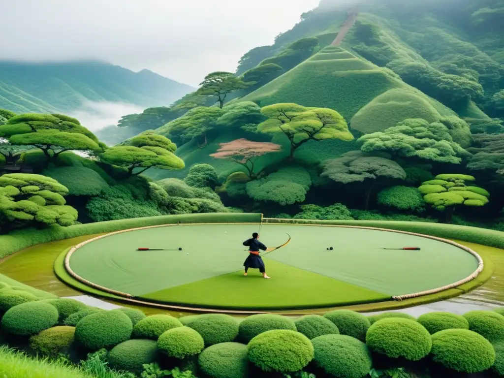 Un arquero solitario se prepara para disparar en un hermoso paisaje montañoso de Japón, transmitiendo la concentración y la serenidad del Kyudo