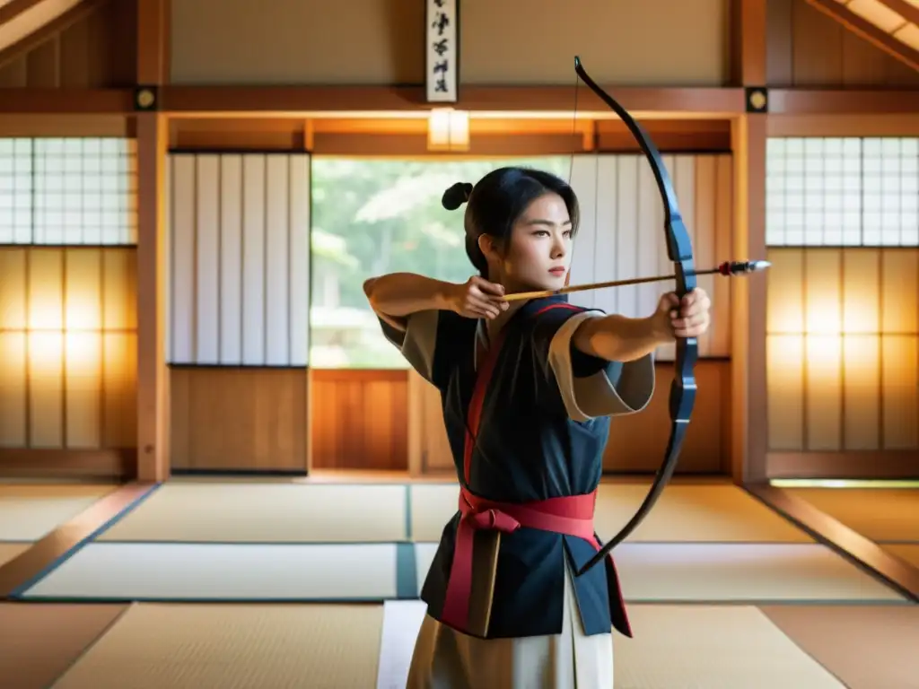 Un arquero en traje tradicional japonés practica en un kyudojo sereno, irradiando la disciplina del Arte del Kyudo en el mundo moderno