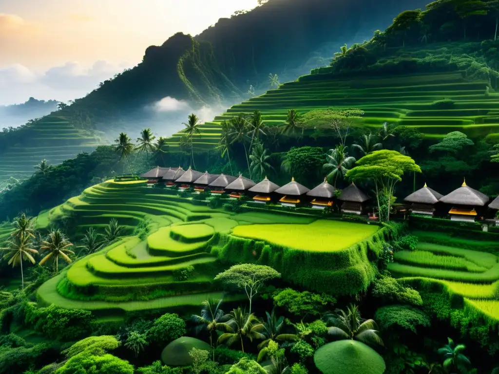 Arquitectura asiática integrada con naturaleza: vista aérea de un compuesto balinés tradicional entre exuberante follaje verde y un arroyo serpenteante bajo la luz del sol dorado