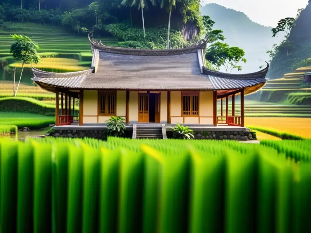 Arquitectura asiática integrada con naturaleza: Casa tradicional vietnamita en armonía con exuberantes arrozales, reflejando la artesanía ancestral