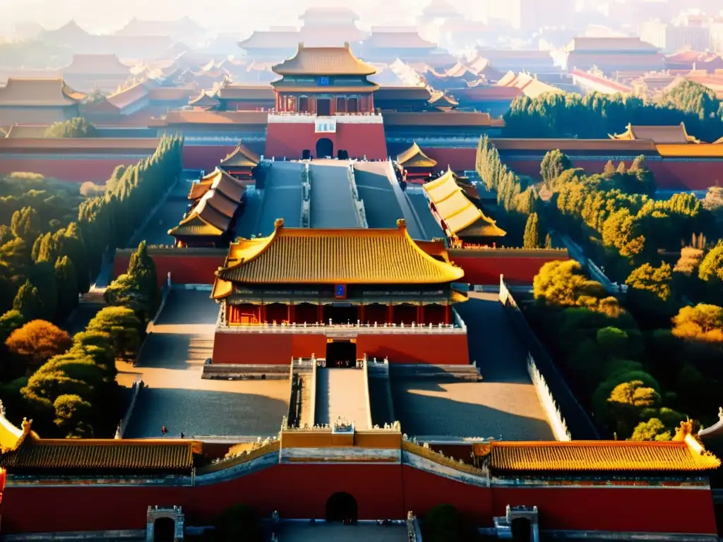 Arquitectura Imperial China: Detalles dorados y rojos de la Ciudad Prohibida en Beijing, con majestuosos patios y techos ornamentados bajo la cálida luz solar