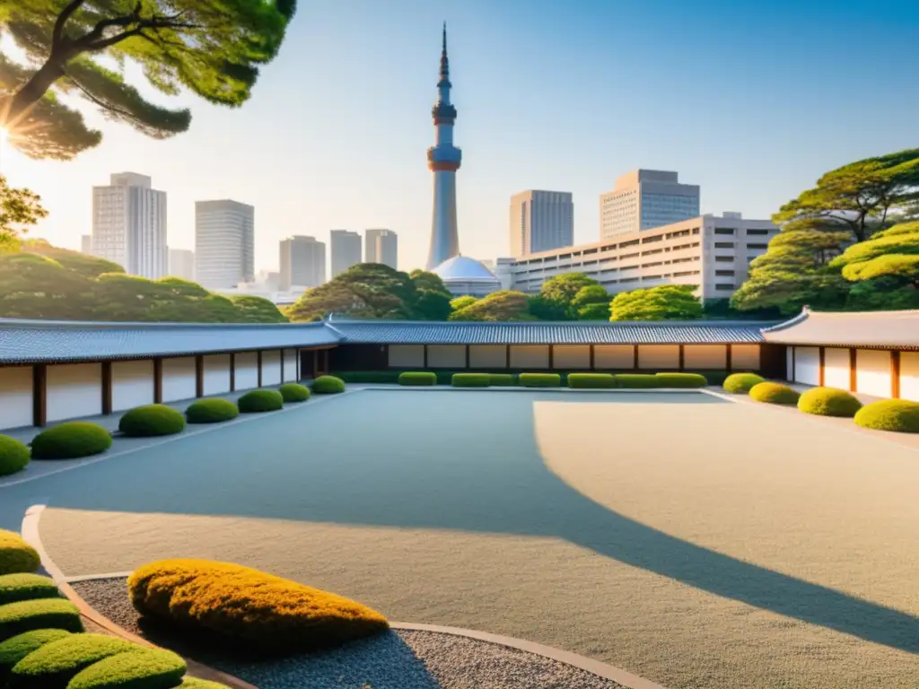 Universidad de Tokio: fusión única de arquitectura japonesa tradicional con modernas instalaciones académicas, iluminada por el cálido atardecer