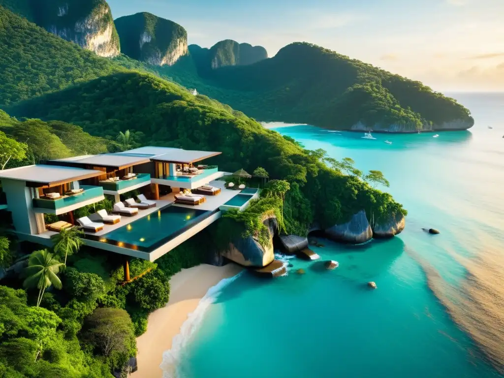 Arquitectura lujosa en Asia: Resort de lujo en acantilado de Phuket, Tailandia, fusiona modernidad con tradición tailandesa en entorno natural exuberante al atardecer