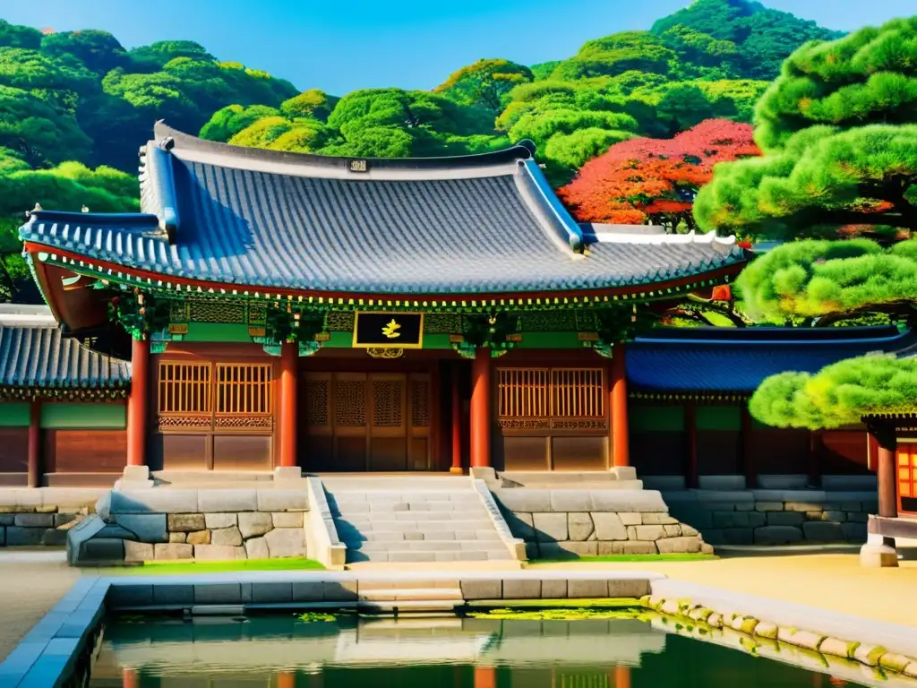 Arquitectura dinastía Joseon Corea: Majestuoso palacio con detalles de madera y jardines exuberantes en Seoul