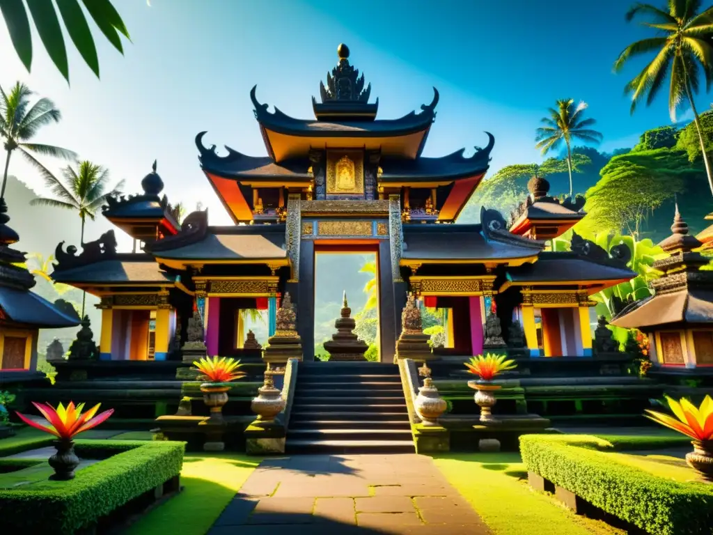 Arquitectura sagrada en Bali: Templo tradicional con puertas de piedra tallada, rodeado de exuberante vegetación tropical y ambiente sereno