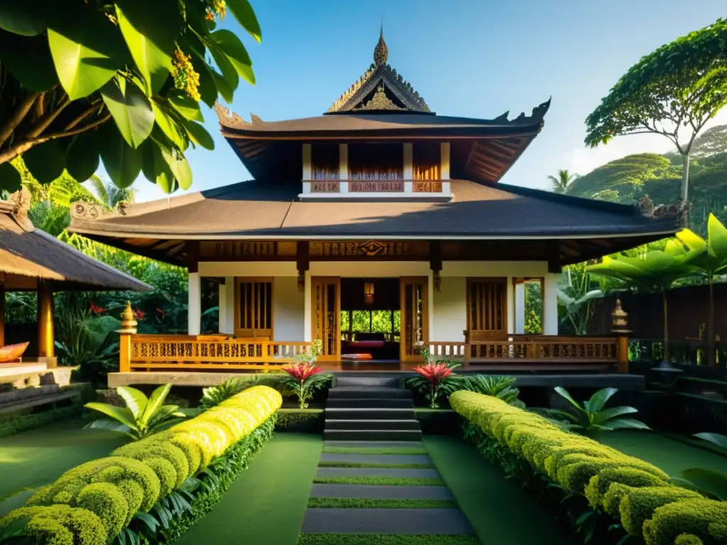 Arquitectura sostenible en Bali: Edificio tradicional rodeado de exuberante vegetación, diseño natural y detalles ornamentales