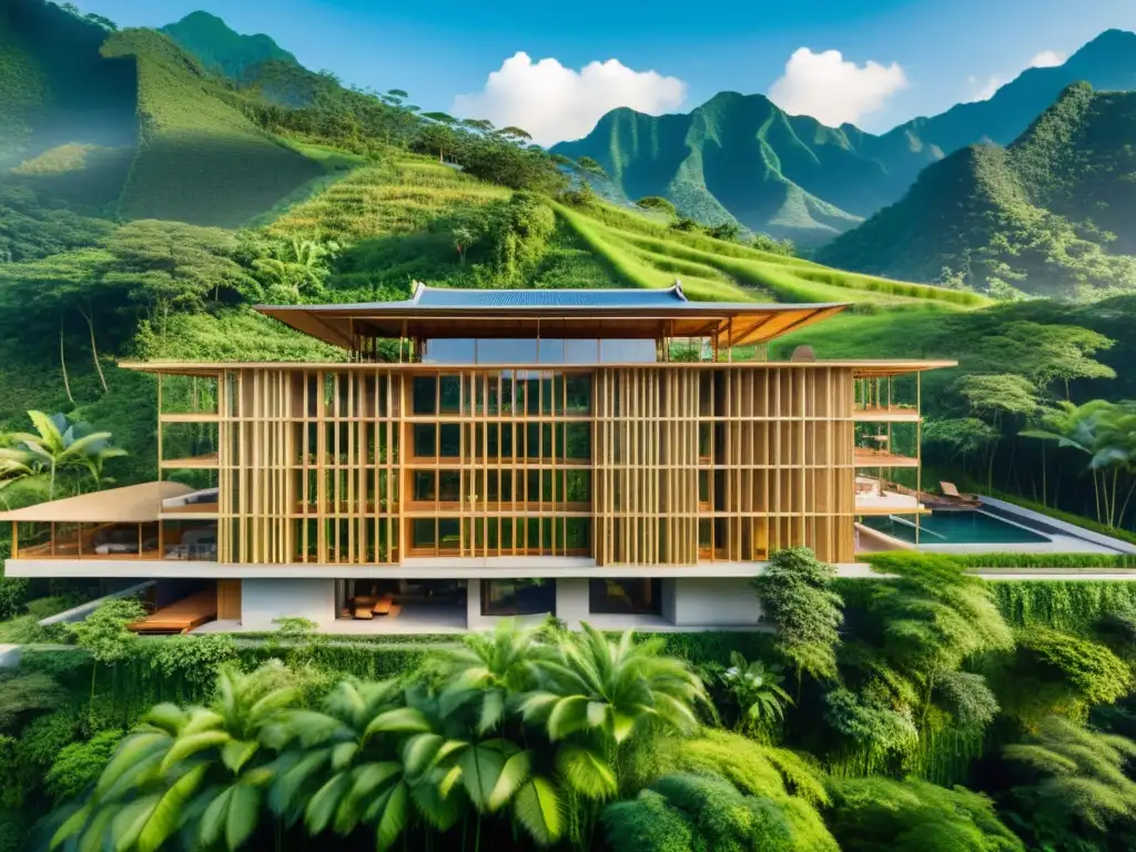 Arquitectura sostenible en Asia con innovador uso de materiales como bambú y acero, integrados en diseño moderno en medio de exuberante paisaje