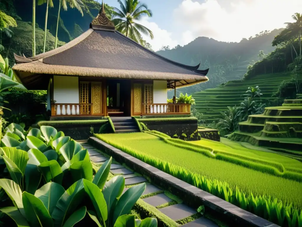 Arquitectura sostenible en Bali: Casa tradicional balinesa rodeada de exuberantes terrazas de arroz y follaje tropical, bañada por la cálida luz del sol