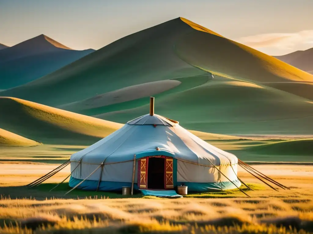 Arquitectura tradicional de las tribus asiáticas: Yurta mongola en la vasta estepa al atardecer, rodeada de caballos y montañas distantes