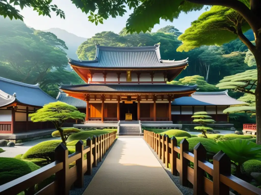 Arquitectura zen: templo rodeado de exuberante vegetación, paz interior y serenidad atemporal