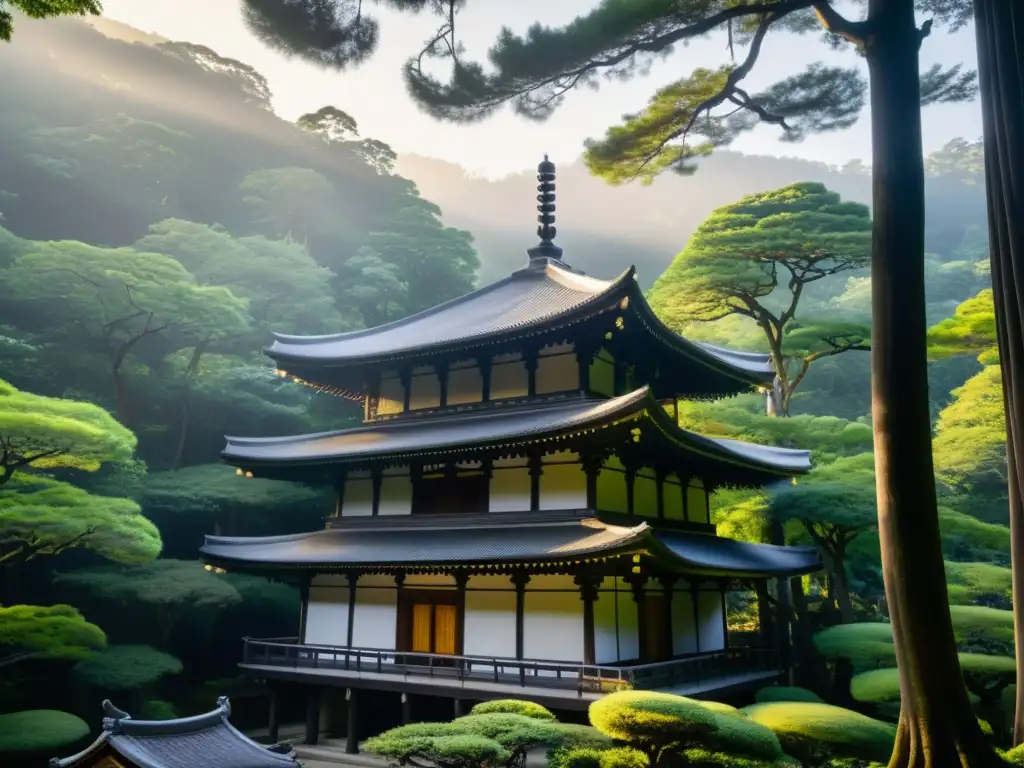 Arquitectura zen: templo rodeado de paz en el bosque, con luz filtrándose entre los árboles resaltando la serenidad del lugar