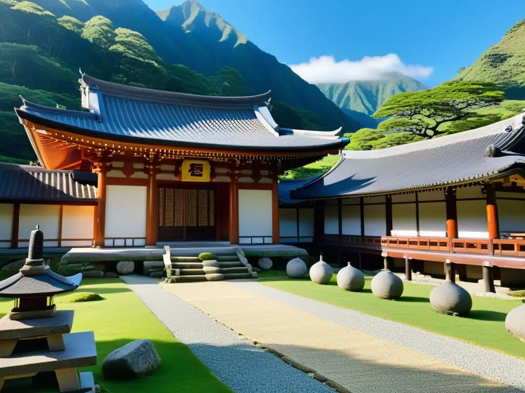 Arquitectura zen en un tranquilo valle de montaña con jardín sereno y templo envejecido