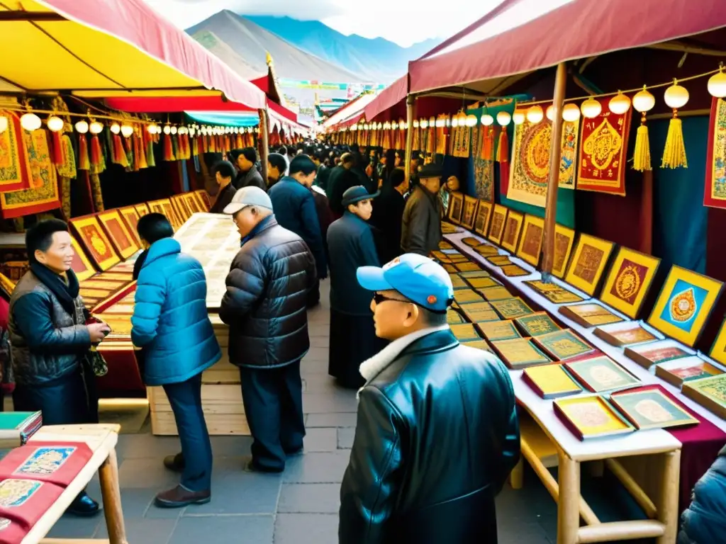 Mercado de arte tibetano: colores vibrantes y cultura auténtica Vivid art market in Lhasa, Tibet showcasing colorful thangka paintings and sculptures
