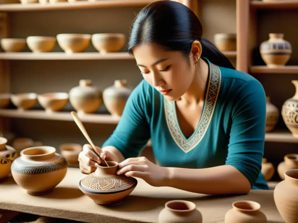 Invertir en arte asiático antiguo: habilidoso artesano pinta delicados diseños en una antigua cerámica asiática, rodeado de arte y luz cálida