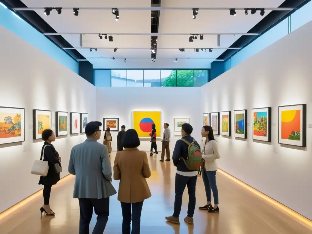 Exhibición de arte asiático contemporáneo y comentario social en una galería moderna, con pinturas coloridas y esculturas cautivadoras