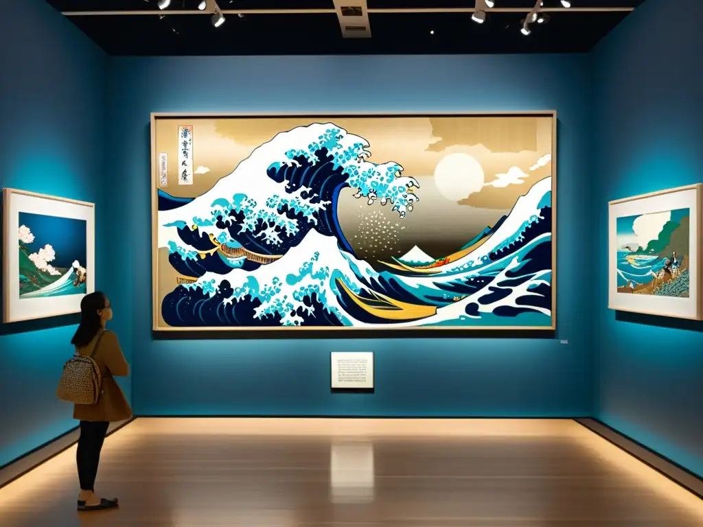 Exhibición de arte asiático contemporáneo, legado Hokusai, vibrante y detallada, con visitantes cautivados por las obras