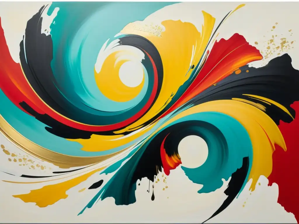 Obra maestra abstracta: Movimiento y energía en rojo, oro y negro Arte asiático contemporáneo, poderoso y abstracto con vibrantes pinceladas en rojo, dorado y negro, evocando energía y movimiento
