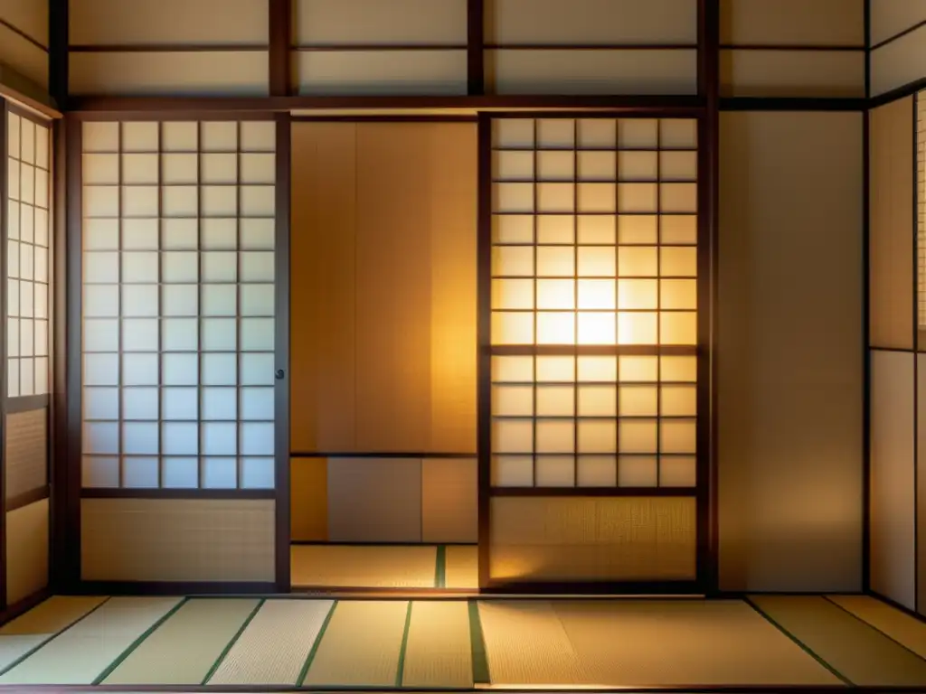 Arte asiático en diseño interior: Imagen detallada de una pantalla shoji japonesa, con patrones de luz y sombra sobre el tatami