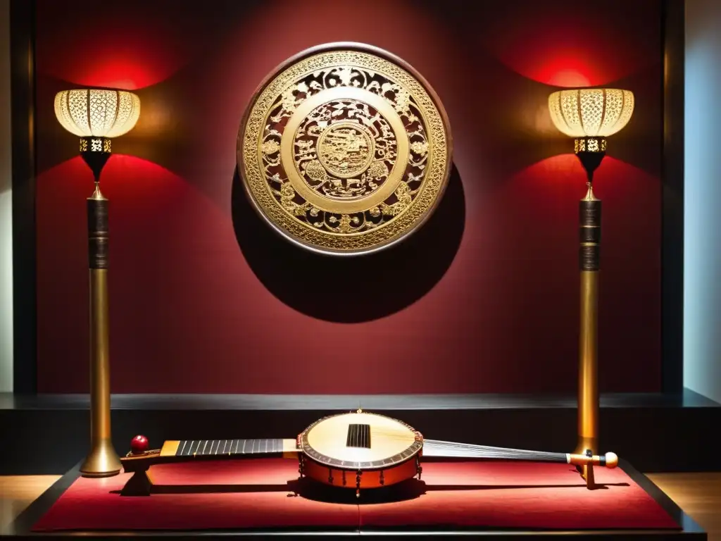 Inspiración música arte asiático: Galería iluminada con instrumentos tradicionales asiáticos en seda roja y visitantes admirando en silueta