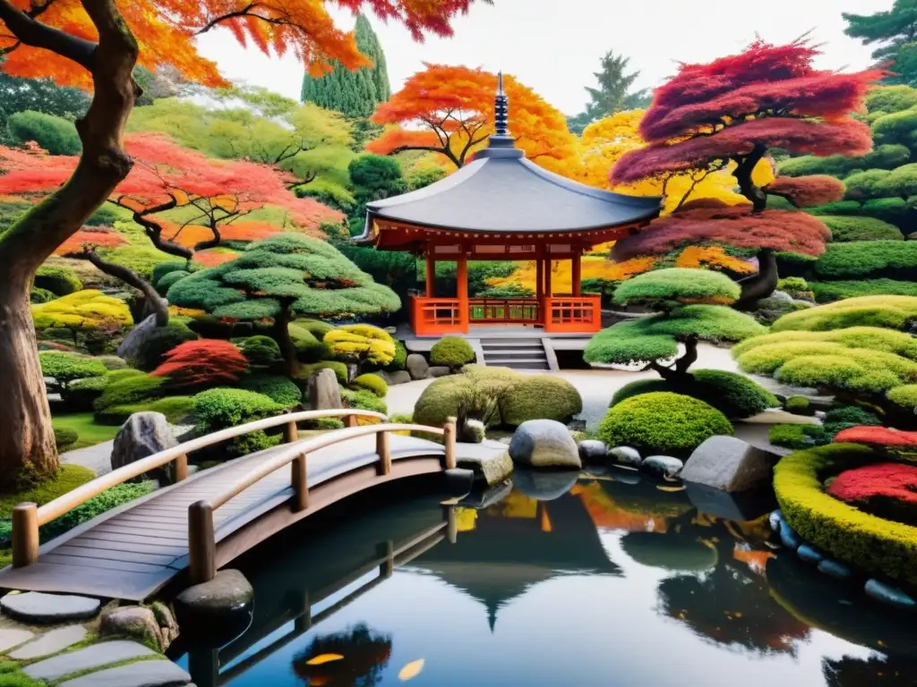 Inversión en Arte Asiático: Jardín japonés con bonsáis, puente rojo y estanque de koi reflejando el otoño