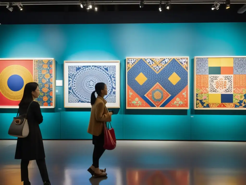 Exhibición de arte contemporáneo asiático: fusiones culturales en vibrantes colores, detalles intrincados y atmósfera dinámica