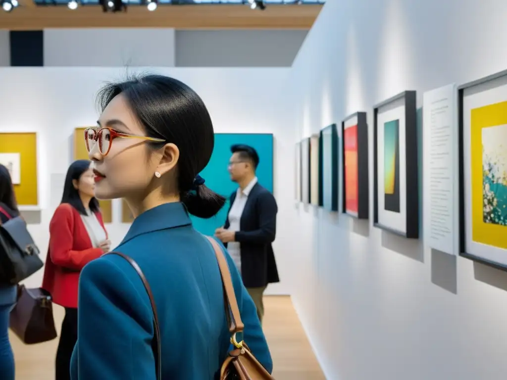 Exposición de arte contemporáneo asiático en galería vibrante y diversa, con visitantes admirando obras innovadoras