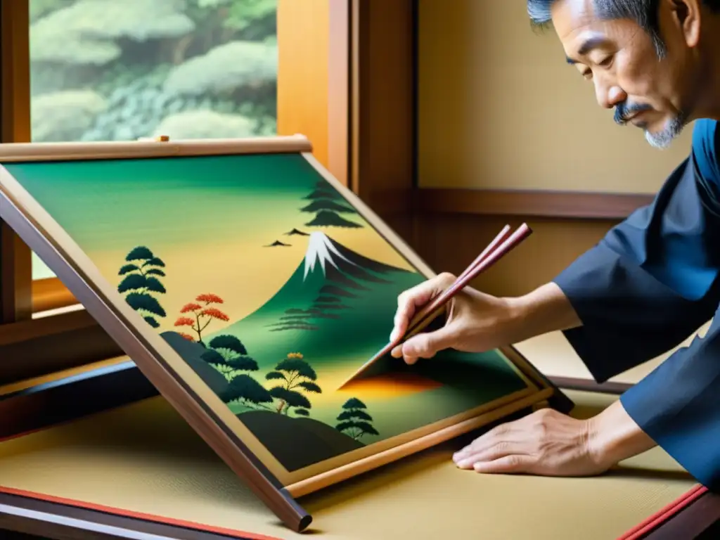 Arte japonés: un artesano pinta con precisión un Biombo japonés, mostrando la delicadeza y la historia de estos impresionantes trabajos de arte