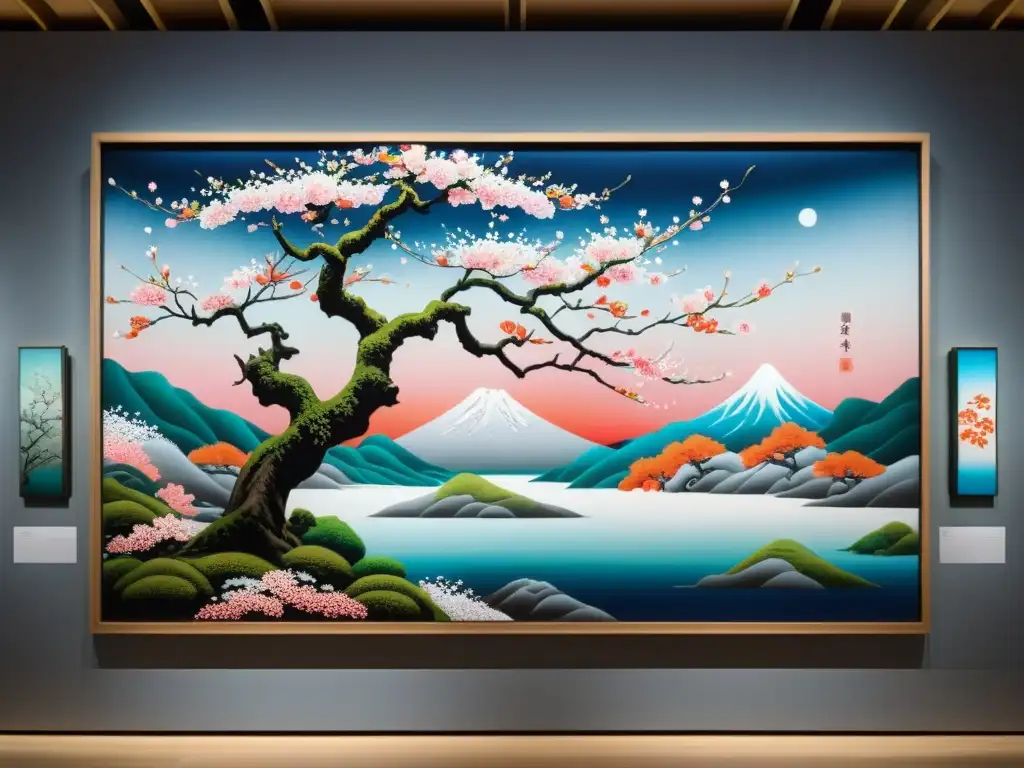 Exposición arte japonés Sakura efímero en detalle: pinturas, esculturas y arte digital, con atmósfera serena y admiradores contemplativos