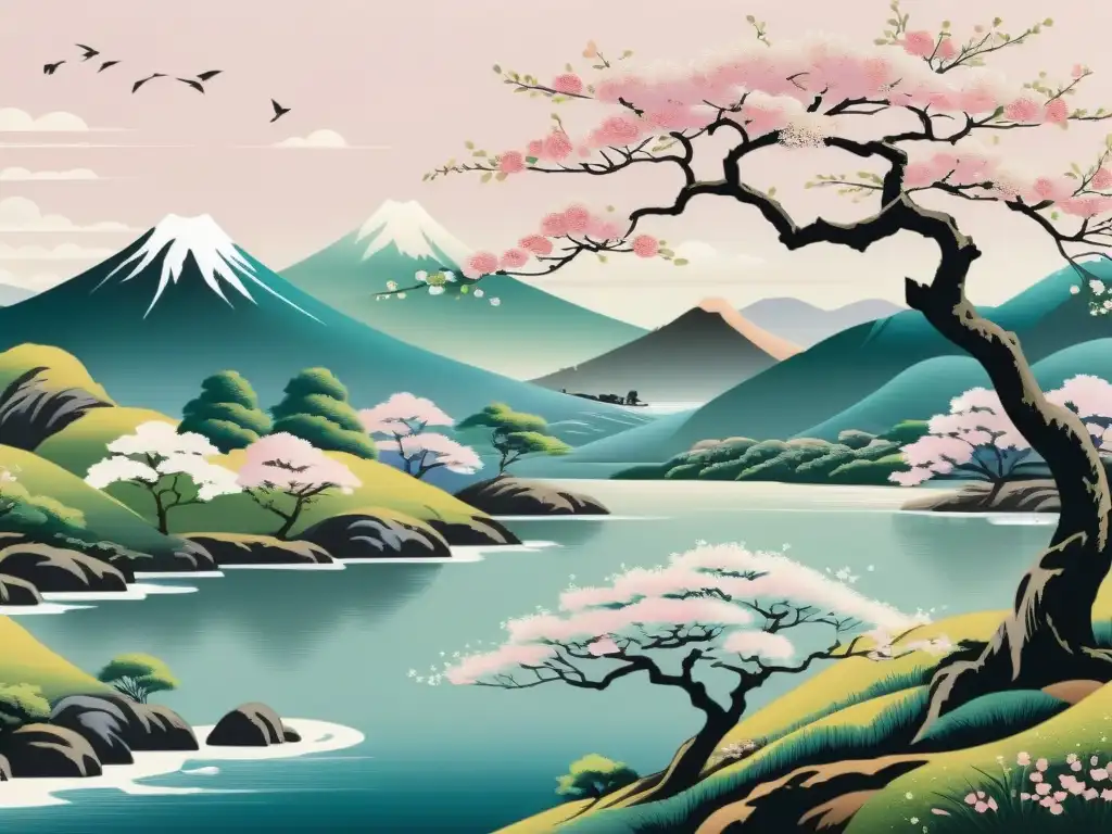 Representación del arte japonés del efímero Sakura en una pintura detallada de alta resolución, con flores rosadas y paisaje sereno