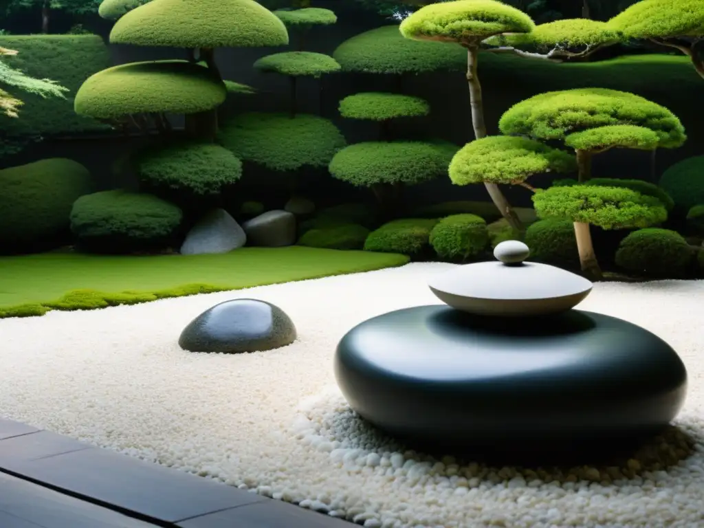 Arte de los jardines japoneses: Sereno jardín de rocas japonesas, con gravilla blanca y rocas, brinda equilibrio y calma