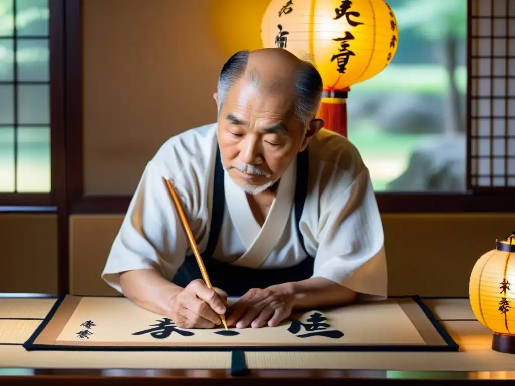 Arte marcial de la caligrafía asiática: Maestro japonés de Shodo concentrado, iluminado por la suave luz de las linternas de papel